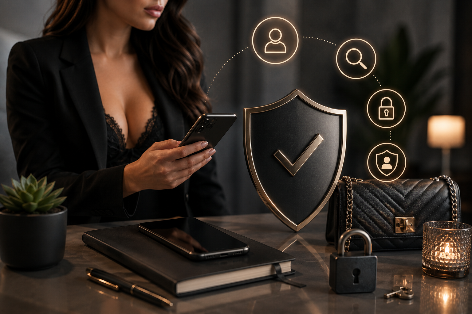 Independent Escort Safety Guide: Best Practices for Client Screening and Digital Security A woman using a smartphone at a dark desk featuring glowing digital security graphics, a checkmark shield, and safety icons.