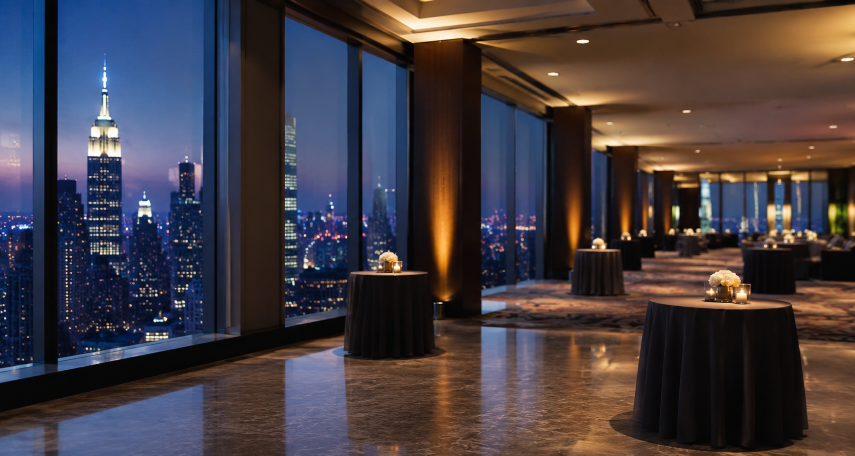 The Executive’s Guide to VIP Event Hospitality Services in NYC Luxury corporate event venue with elegant cocktail tables, warm ambient lighting, and floor-to-ceiling windows overlooking the New York City skyline at dusk. A sophisticated, modern hospitality setting with ample copy space for promotional website banners.