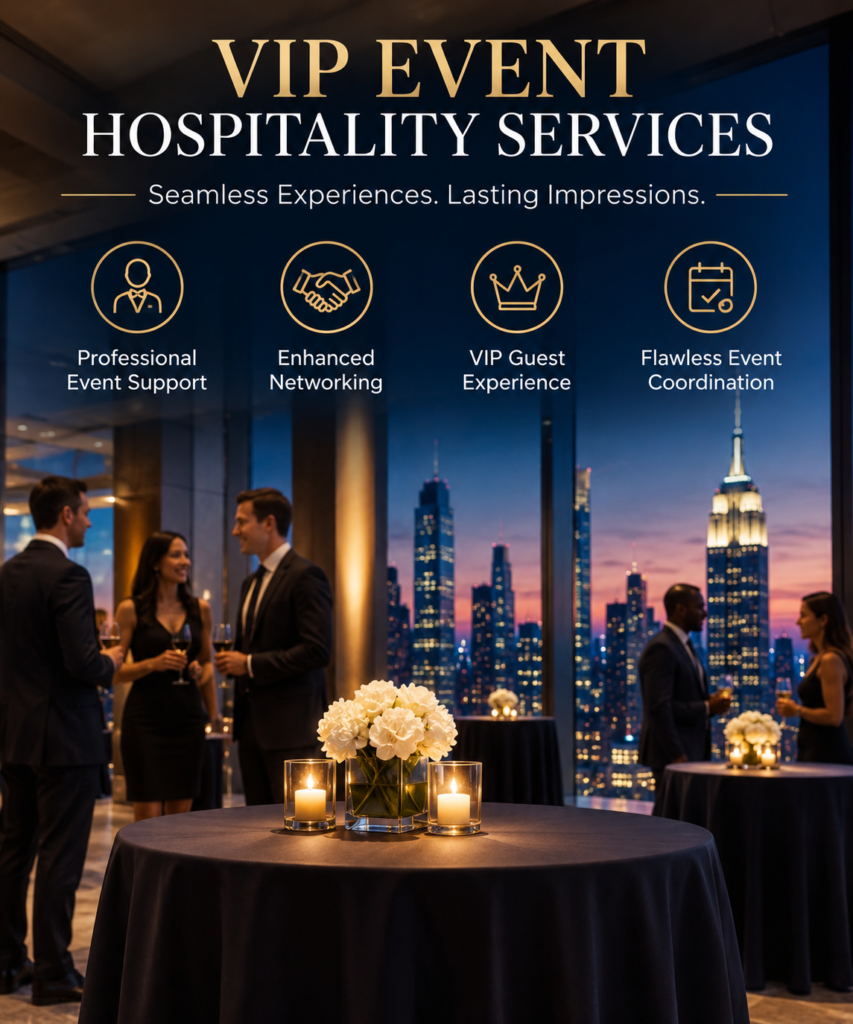 The Executive's Guide to VIP Event Hospitality Services in NYC 1 Infographic highlighting VIP Event Hospitality Services in New York City, featuring a luxury corporate event venue with the Manhattan skyline, professional networking, executive guest support, seamless event coordination, and premium hospitality services.