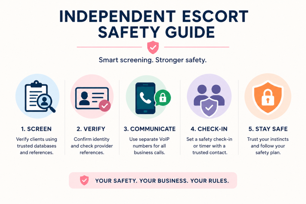 Independent Escort Safety Guide: Best Practices for Client Screening and Digital Security 1 Minimalist safety infographic highlighting best practices for independent client screening and digital security. The design features icons representing client verification, identity checks, secure communication, safety check-ins, and personal safety, with concise guidance on following a consistent screening process and maintaining secure business practices.