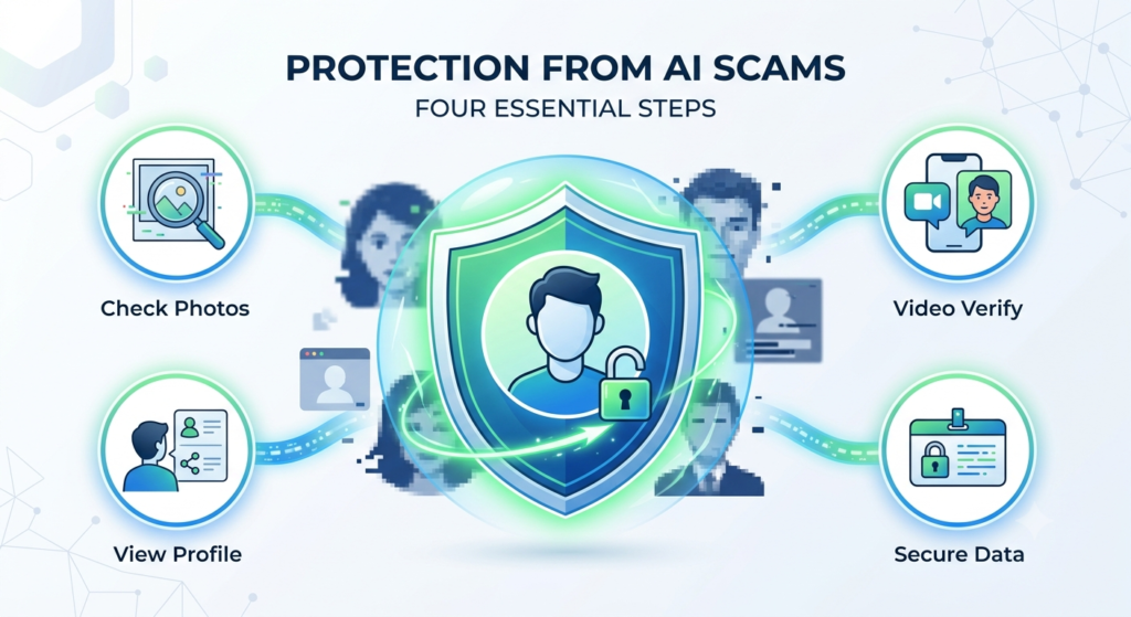 How to Protect Yourself from AI-Generated Profile Scams and Fake Identities in 2026 1 An infographic titled "Protection from AI Scams: Four Essential Steps" featuring a central protective shield surrounded by four steps: Check Photos, Video Verify, Secure Data, and View Profile.