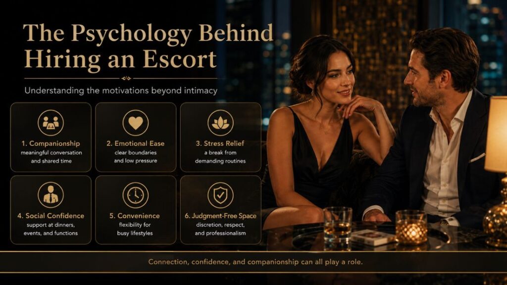 Exploring the Psychology Behind Hiring an Escort: Understanding the Motivations Beyond Intimacy 1 A stylish infographic titled “The Psychology Behind Hiring an Escort” showing a man and woman in an upscale lounge, with six motivations highlighted: companionship, emotional ease, stress relief, social confidence, convenience, and a judgment-free space.