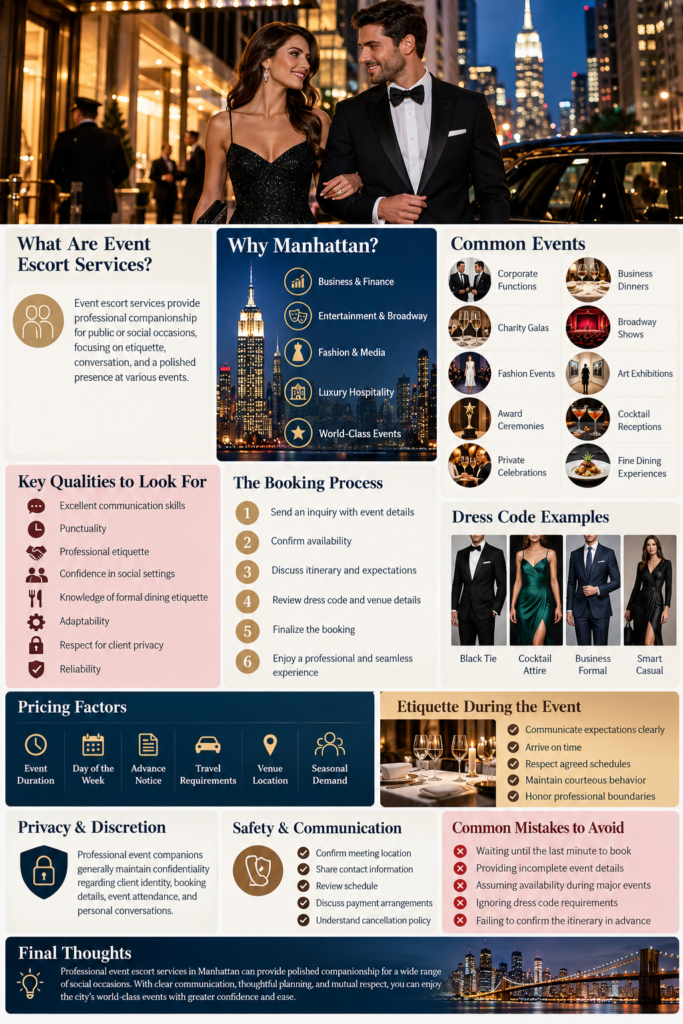 Event Escort Services in Manhattan, NY: What You Should Know Before Booking 1 Manhattan event escort services guide featuring professional event companions, common events, booking process, dress codes, pricing factors, etiquette, privacy, and safety tips.